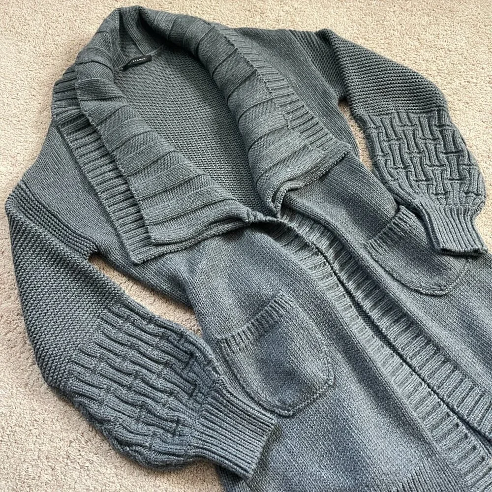 Elie Tahari Double Shawl Collar Midi Balloon Sleeve Cardigan Gray Thick Womens L - Picture 3 of 7